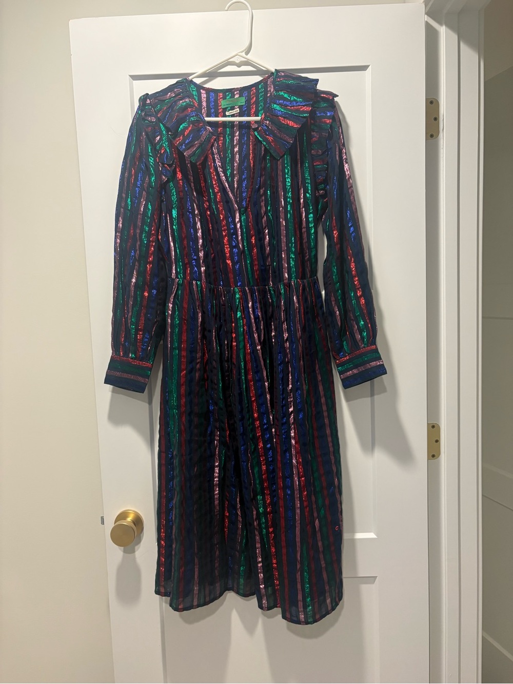 Clare V Girls Metallic Striped Ruffle Collar Dress - Blue, Green, Red